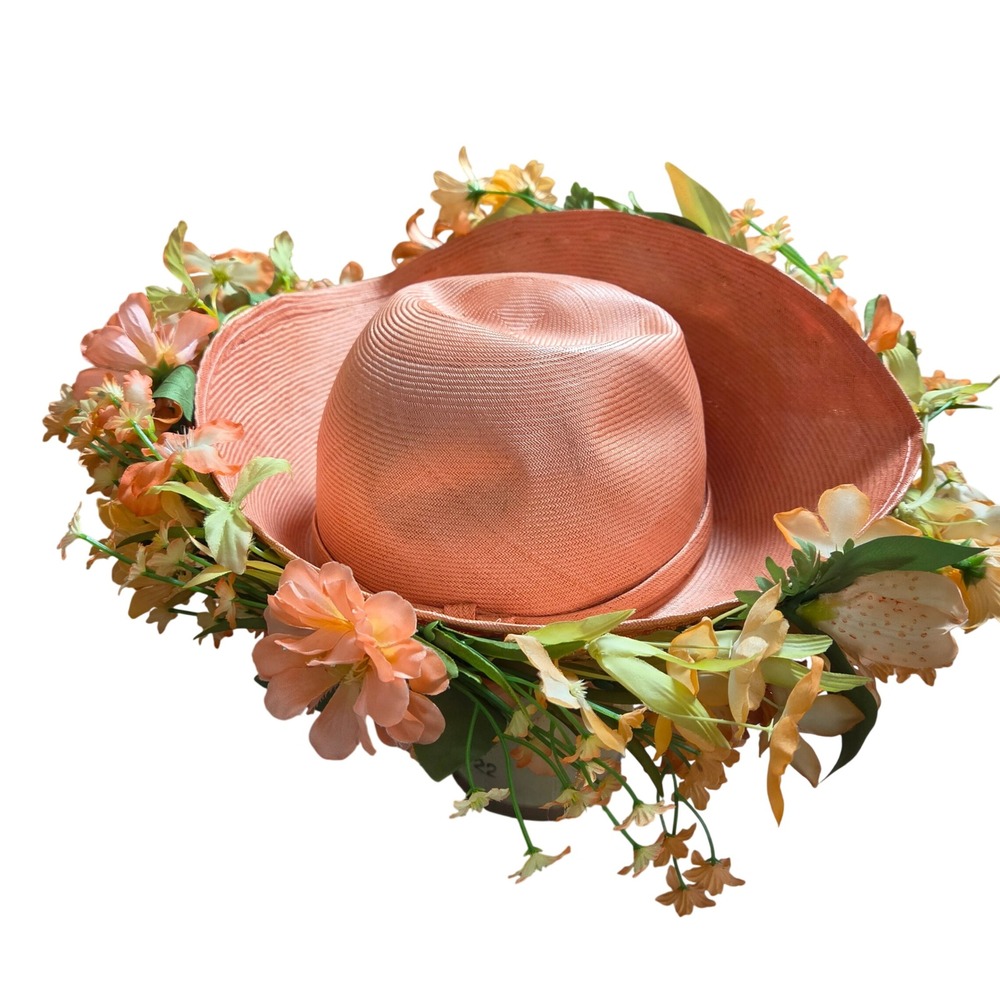 Vintage Jack McConnell New York Floral Straw Sun Hat Kentucky Derby Coral Peach